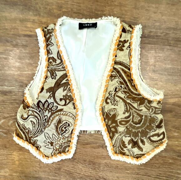 Cider Jackets & Blazers - CIDER Womens Paisley Open Front Sleeveless Vest Lined Woven V-Neck Brown Beige M